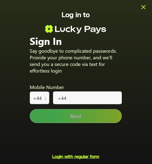 Lucky Pays Casino login screen on mobile device